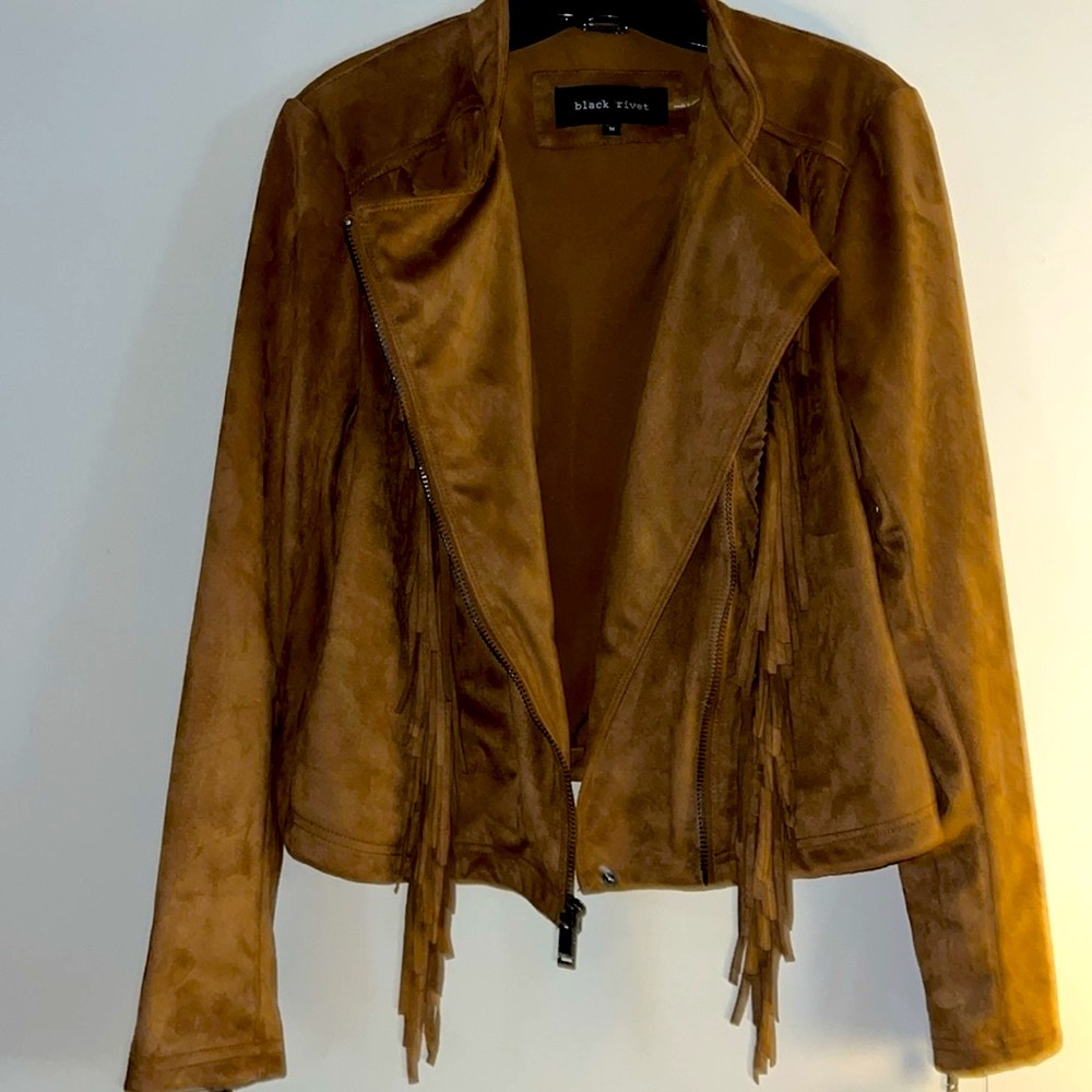 Faux suede moto jacket with fringe, NWT! price reduced! $100